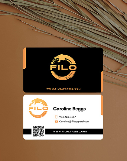 Display of front and back of Filo Apparels business card